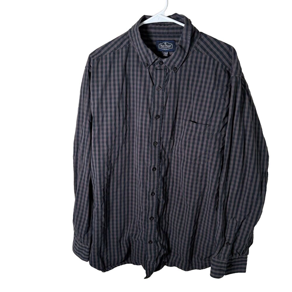 Nat Nast Shirt Men's 2XLB Button Down Long Sleeve Gray Gingham Collared